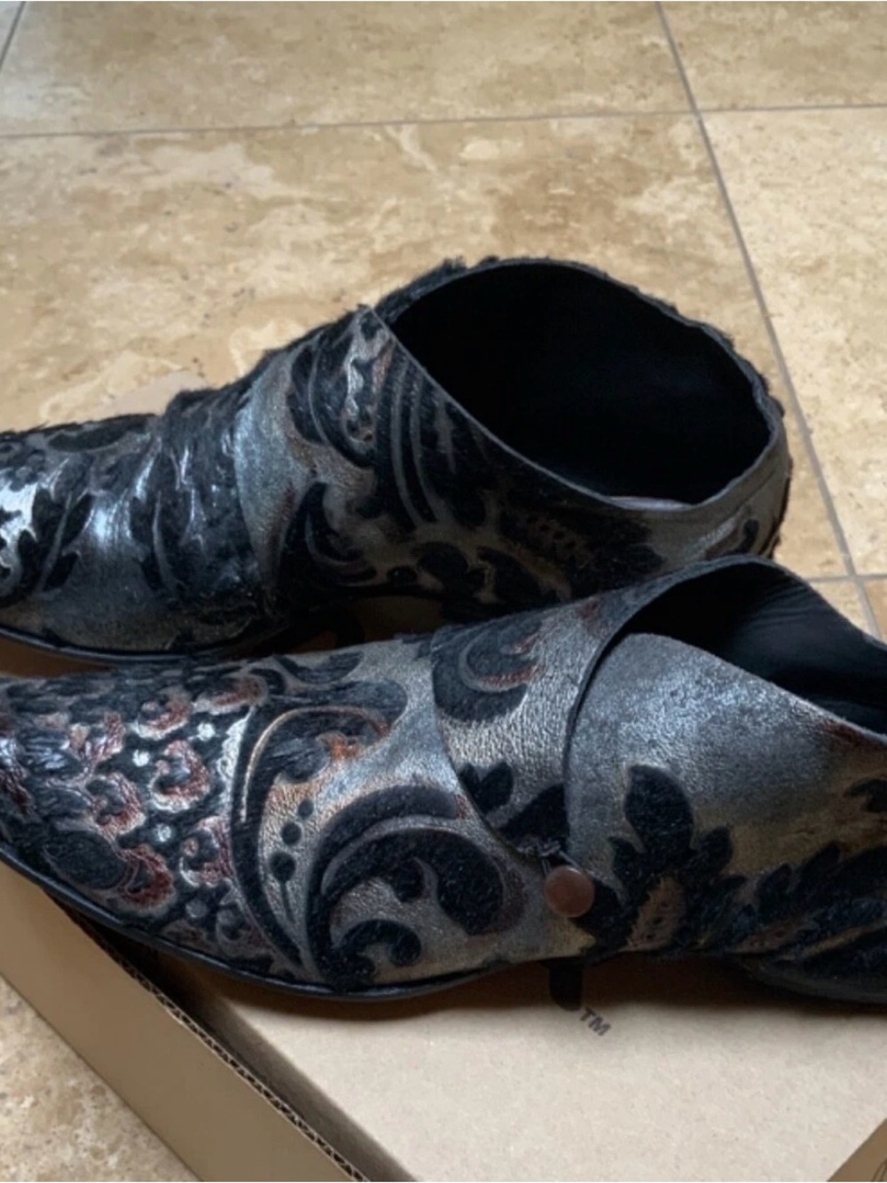 Women's Black and Gray Velvet Embossed Ankle Booties